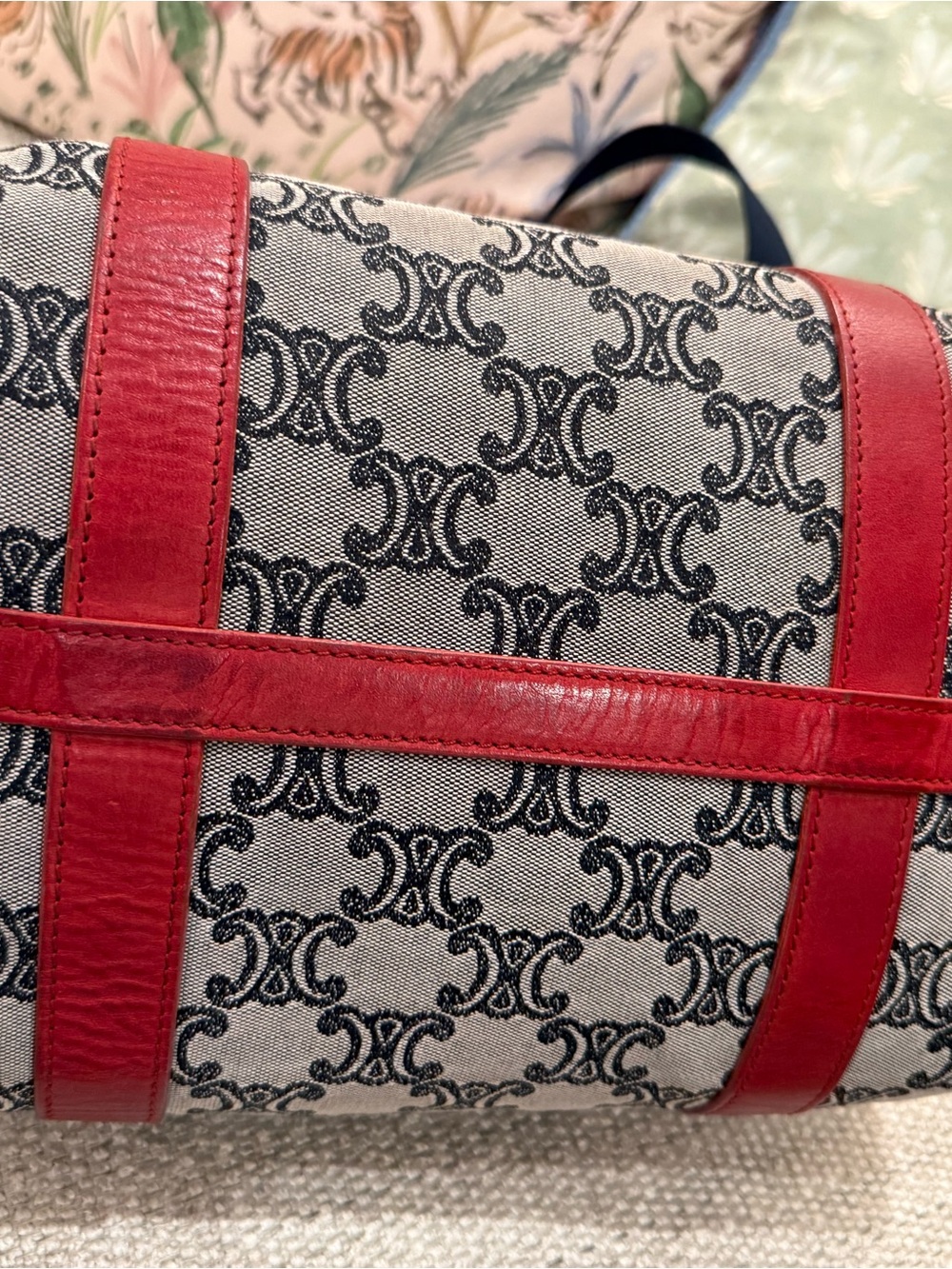 Vintage Celine Macadam Triomphe Boston Bag — Navy Blue & Red - Picture 3 of 16